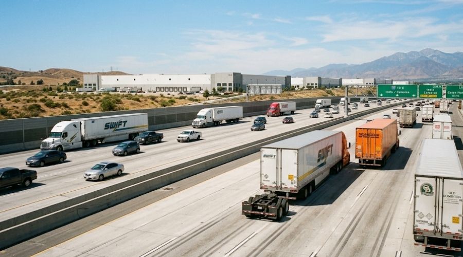 Truck Accident Claims: Why They're More Complex Than a Standard Car Crash 1 A busy California freight corridor filled with multiple commercial semi-trucks traveling on Interstate 10 near Southern California logistics warehouses, passenger vehicles sharing the roadway, clear blue skies, modern transportation infrastructure, realistic traffic flow, documentary photography, cinematic composition, highly detailed, 35mm lens, ultra-realistic