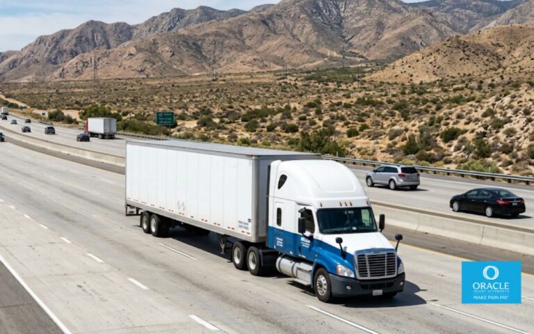 A wide shot of a commercial semi-truck traveling on a California freeway, daylight, mountains or dry landscape visible in the background. No accident depicted, no faces visible. Represents the scale and weight of commercial trucks on California roads.