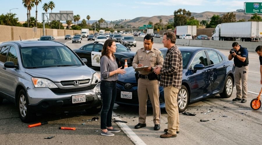 Who Is Liable When an Unlicensed Driver Causes a Crash? 1 Two drivers standing beside damaged vehicles calmly discussing an accident with a California highway patrol officer taking notes, both drivers appearing cooperative while investigators examine the scene, emphasis on determining fault rather than blame, realistic Southern California roadway, professional documentary photography, photorealistic, natural lighting, highly detailed, 35mm lens