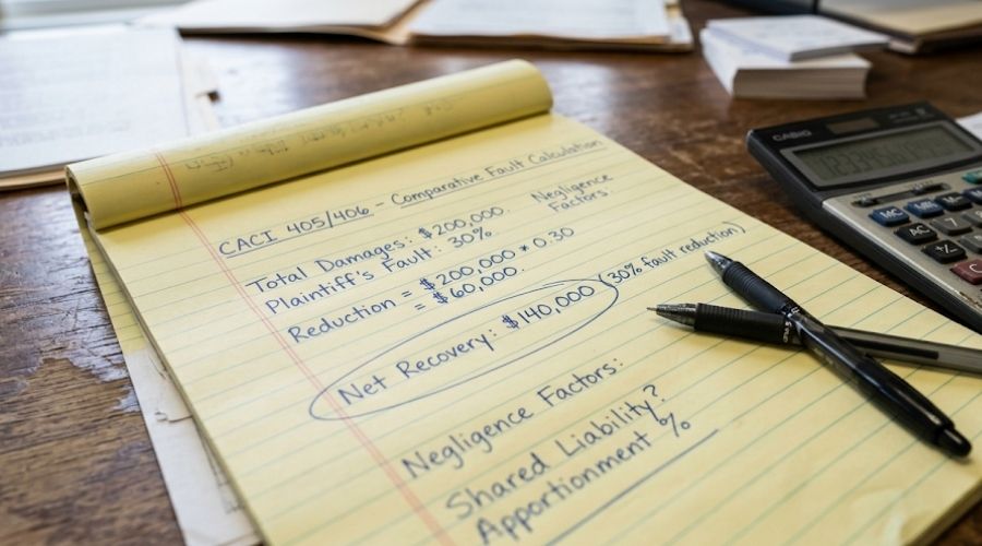 Comparative Negligence in California: How Being Partly at Fault Affects Your Payout 1 A close-up of a legal notepad with handwritten fault
percentages and dollar amounts — "30% fault / $140,000
recovery" style — a calculator and pen beside it on a
desk. No faces. Represents the fault calculation process