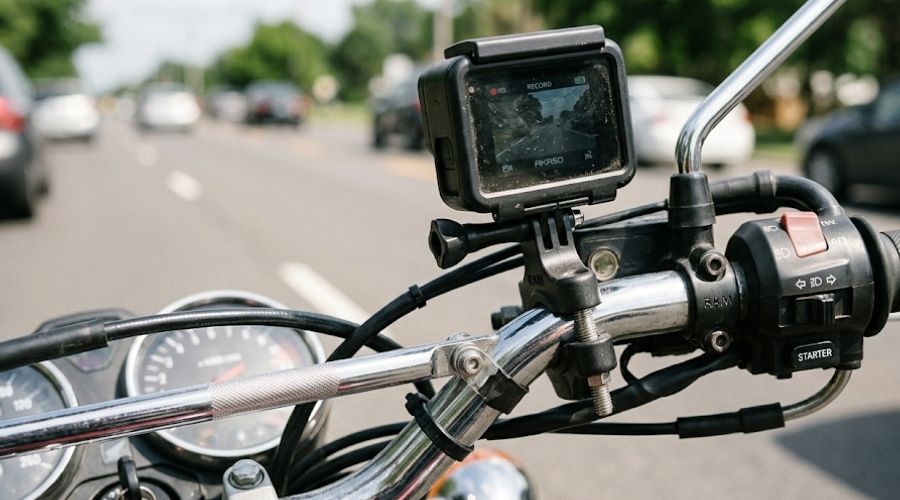  A dashcam mounted on a motorcycle handlebar, close-up,
     daylight, representing evidence preservation and camera
     documentation for claims.