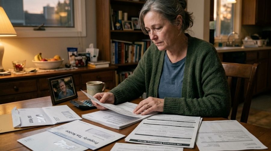 Wrongful Death Claims in California: Who Can File and What Compensation Covers 2 A surviving spouse reviewing household bills, insurance paperwork, and financial documents at a dining table after losing a loved one, emotional but hopeful atmosphere, realistic home environment, documentary photography, ultra realistic,
