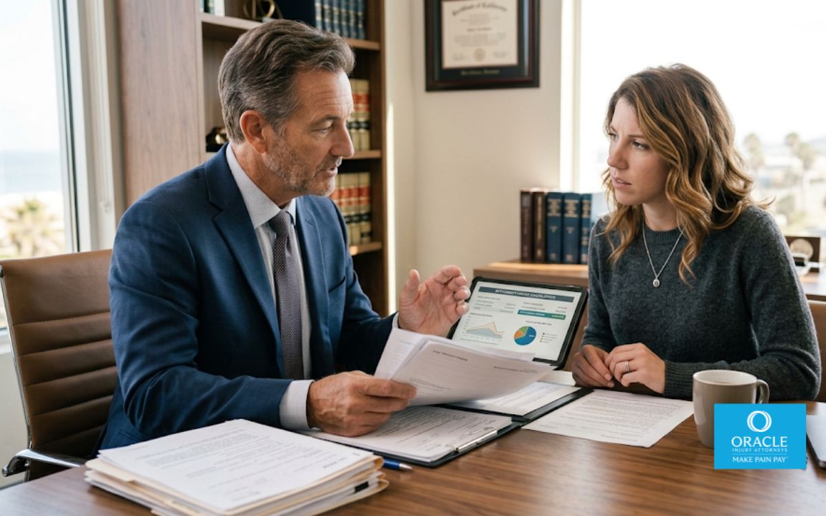 A realistic legal consultation inside a modern California law office, experienced personal injury attorney reviewing accident documents with a client seated across the desk, medical records, insurance paperwork, tablet displaying settlement calculations, warm natural lighting, professional atmosphere, shallow depth of field, ultra realistic photography, 8k, editorial style, no text, no logos.