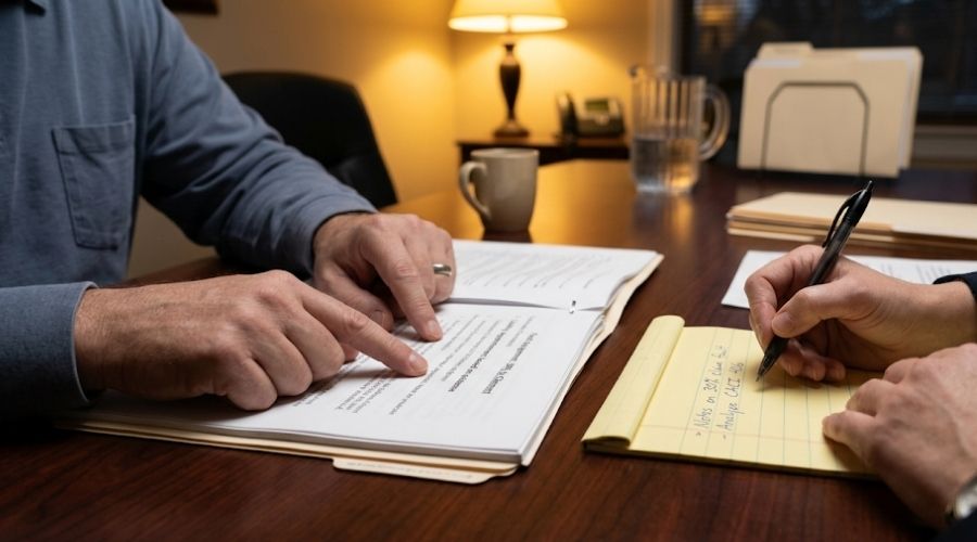 Comparative Negligence in California: How Being Partly at Fault Affects Your Payout 3 A person seated across from an attorney at a conference table, pointing to a specific line on a document while the attorney takes notes. Only hands and document visible, warm office lighting. Represents a claimant having their fault assignment evaluated by legal counsel before accepting any offer.