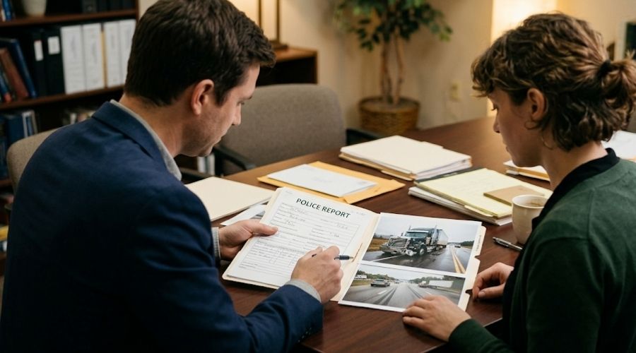 Truck Accident Claims: Why They're More Complex Than a Standard Car Crash 3 A calm attorney-client consultation: two people at a
conference table reviewing a police report, truck photos,
and documents. Warm office lighting, no faces clearly
identifiable.