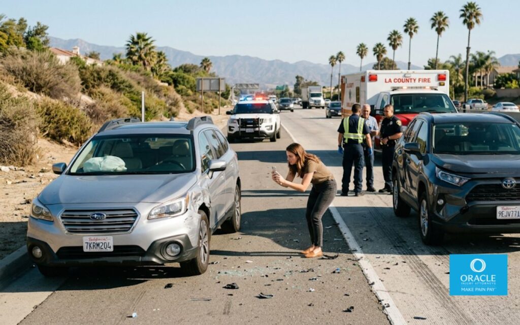 A highly realistic roadside car accident in Southern California during daylight, two modern passenger vehicles with moderate front-end damage stopped safely on the shoulder, police lights visible in the distance, one driver photographing vehicle damage with a smartphone while another speaks with emergency responders, realistic traffic, palm trees, clear blue sky, professional documentary photography, natural lighting, ultra-detailed, editorial style, no text, no logos.