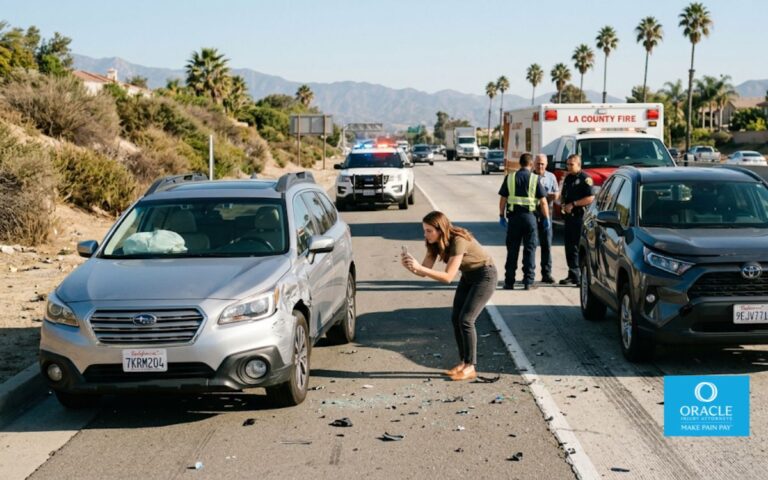 A highly realistic roadside car accident in Southern California during daylight, two modern passenger vehicles with moderate front-end damage stopped safely on the shoulder, police lights visible in the distance, one driver photographing vehicle damage with a smartphone while another speaks with emergency responders, realistic traffic, palm trees, clear blue sky, professional documentary photography, natural lighting, ultra-detailed, editorial style, no text, no logos.