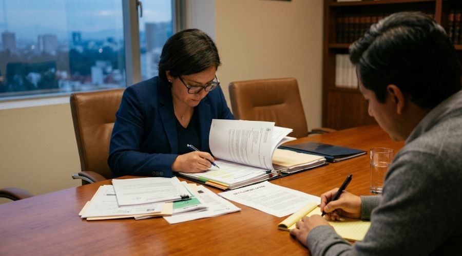 Una tranquila consulta entre abogado y cliente: dos personas sentadas a una mesa de conferencias, una revisando documentos médicos y una oferta de acuerdo, la otra tomando notas. Iluminación cálida de oficina, sin rostros claramente identificables.