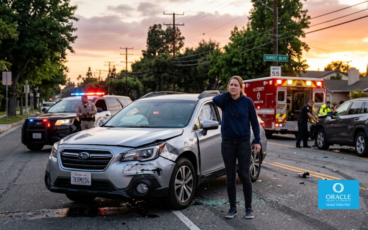 A realistic modern car accident scene at sunset on a suburban California road, one driver standing beside a damaged vehicle holding the back of their neck with a concerned expression while emergency lights glow in the background. Medical realism, cinematic lighting, shallow depth of field, ultra-detailed, natural colors, professional editorial photography, 16:9, no text, no watermark.