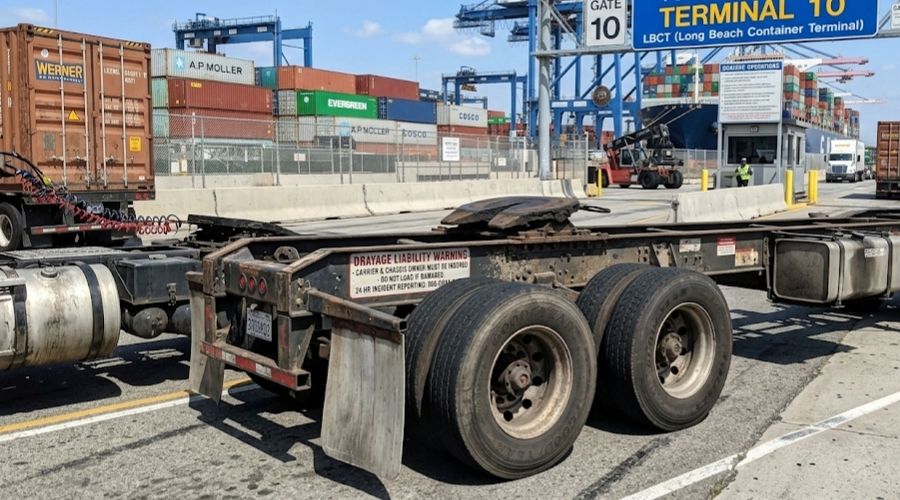 A close-up of a port drayage truck chassis carrying a
     shipping container, parked at or near a terminal gate,
     daylight. Port of Long Beach terminal markings visible
     in the background. No faces. Represents the drayage
     truck liability angle.
