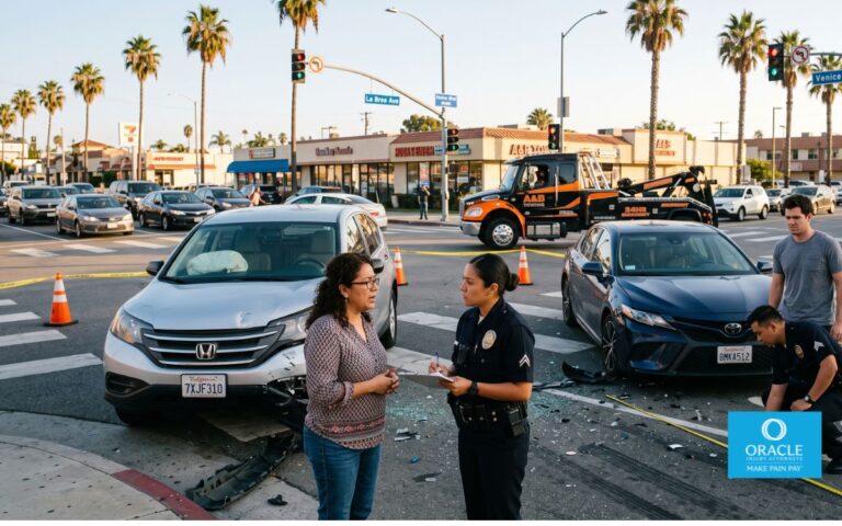 A realistic California traffic accident at a suburban intersection, two damaged vehicles after a collision, one worried driver speaking with police while another driver looks concerned, police officer documenting the scene, tow truck arriving in the background, warm Southern California afternoon light, palm trees, realistic emergency response, no visible blood or graphic injuries, documentary photography, ultra realistic, cinematic composition, 35mm lens, shallow depth of field, highly detailed, natural colors