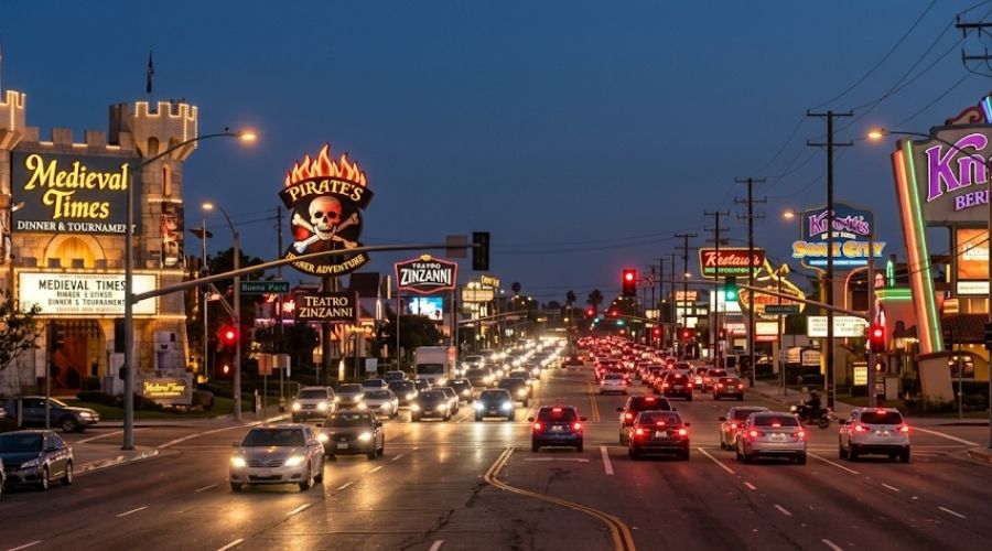 Buena Park Car Accident Claims: Steps to Protect Your Case 1 A street-level shot looking down Beach Boulevard in Buena Park at dusk or early evening, six lanes of traffic visible, commercial signage and entertainment venue lights illuminating both sides of the road, moderate to heavy traffic flow. No accident depicted, no faces clearly visible. The wide road, active traffic, and entertainment corridor atmosphere together convey the conditions that make this corridor consistently dangerous — without reducing it to a highway shot.