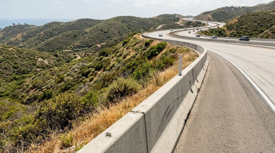Laguna Niguel Personal Injury Lawyer: What Happens After an Accident on the 73 2 A wide shot of the 73 Toll Road shoulder area showing a concrete barrier or guardrail running along a hillside curve, daylight, vegetation on the slope visible beyond the barrier. No accident or people depicted. Represents the limited shoulder space and barrier-contact crash risk on curved sections.