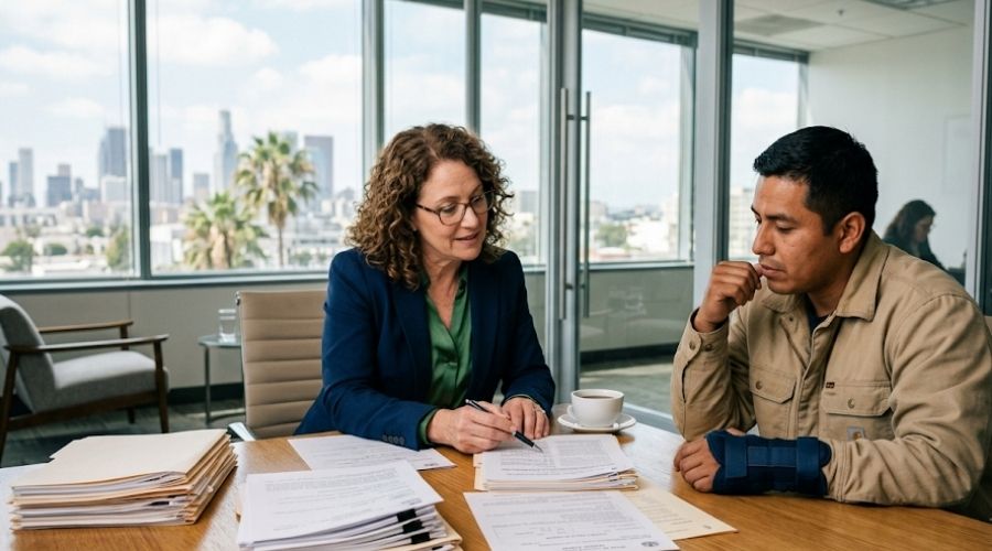 Workers' Compensation Denied? Here's What to Do Next 2 A California workers' compensation attorney explaining the appeals process to an injured worker in a modern law office, legal documents on the desk, compassionate and professional atmosphere, documentary photography, ultra realistic,
