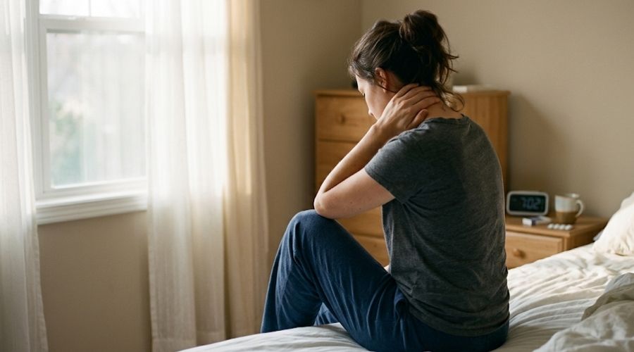 Una persona sentada al borde de la cama, sujetándose el cuello con una mano, con expresión de incomodidad, iluminada por la luz de la mañana que entra por una ventana. Vista desde atrás o de lado, sin que se vea claramente el rostro. Representa síntomas tardíos de latigazo cervical que aparecen tras un accidente aparentemente leve.