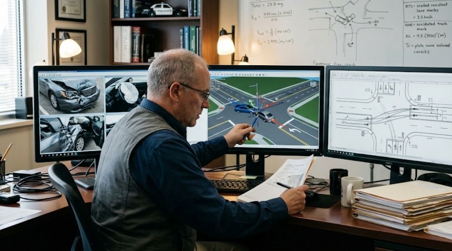 Who Is Liable When an Unlicensed Driver Causes a Crash? 3 Experienced accident reconstruction specialist reviewing crash evidence on multiple computer screens displaying vehicle damage, roadway diagrams, and collision analysis inside a forensic investigation office, realistic legal investigation, cinematic documentary photography, highly detailed, natural lighting, photorealistic, 35mm lens