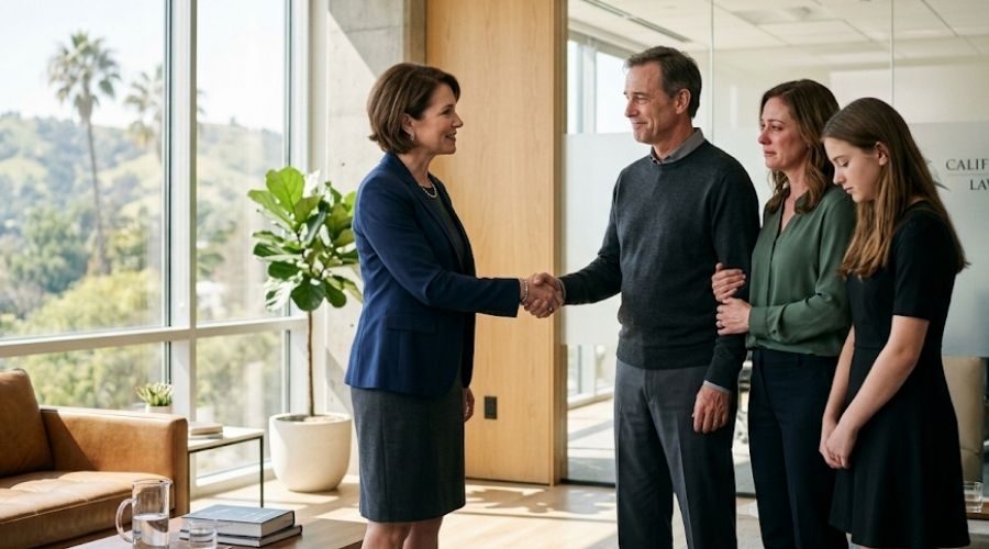 Wrongful Death Claims in California: Who Can File and What Compensation Covers 3 A compassionate personal injury attorney shaking hands with a grieving family inside a modern California law office, professional yet comforting atmosphere, bright natural lighting, realistic documentary photography, premium law firm aesthetic
