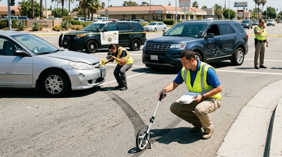 A realistic accident reconstruction expert documenting skid marks, measuring vehicle positions, and photographing crash evidence at a California intersection following a two-car collision. Police officers secure the scene while investigators determine fault. Ultra-realistic editorial photography, bright daylight, no graphic injuries, no text or branding.