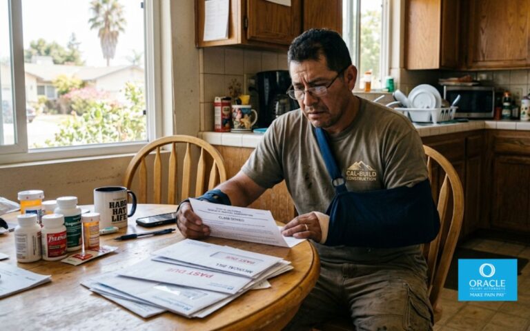 An injured construction worker sitting at a kitchen table reading a denied workers' compensation claim letter with medical bills beside him, concerned expression, realistic California home, natural daylight, documentary photography, ultra realistic