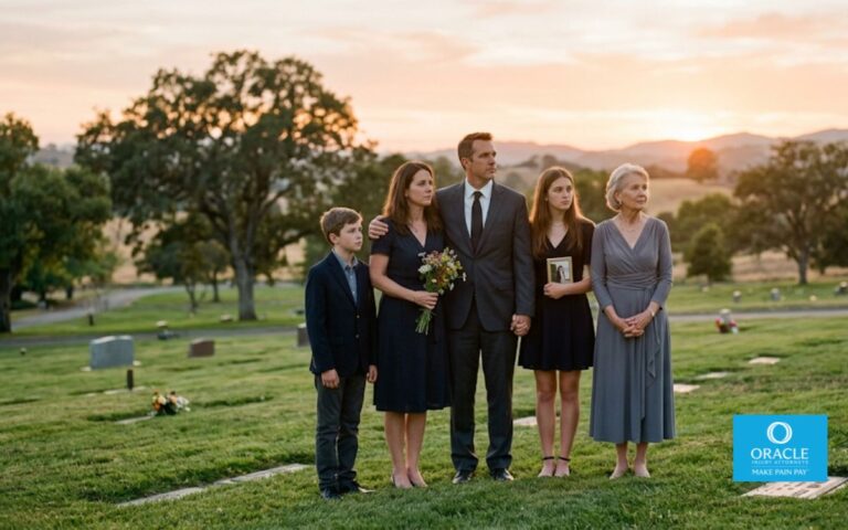 A grieving family standing together at sunset in a peaceful California memorial park, soft golden-hour lighting, respectful and hopeful atmosphere, realistic emotions, elegant formal clothing, cinematic composition, ultra-realistic documentary photography, 35mm lens, shallow depth of field, no religious symbols