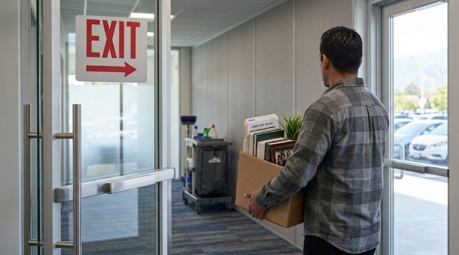 Rancho Santa Margarita Workers' Compensation: Getting Injured Employees the Care They Need 3 A person standing at a workplace exit carrying a box of
belongings, viewed from behind, neutral office corridor
background, no face visible. Represents wrongful
termination or retaliation following a workers' comp
filing — the scenario Labor Code 132a protects against.