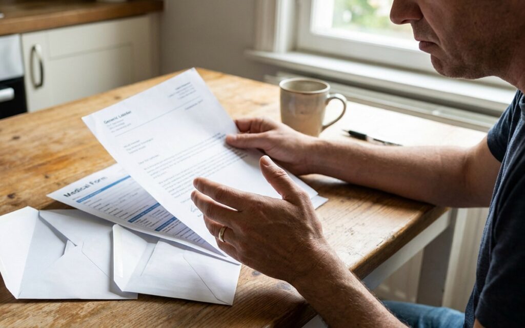 Workers' Compensation Denied? Here's What to Do Next 1 Close-up of a denied workers' compensation claim letter, medical records, California workers' compensation forms, legal paperwork, realistic office desk, cinematic lighting, ultra realistic legal photography