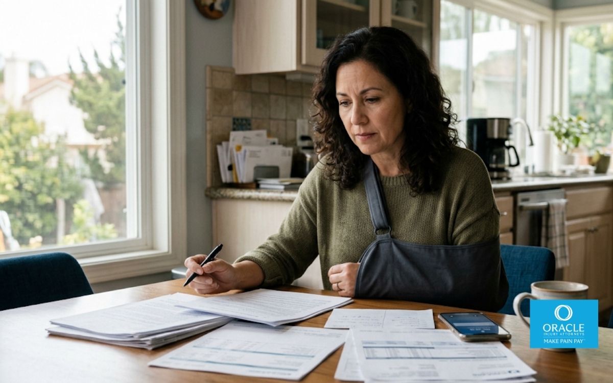 Injured California resident reviewing legal documents and medical bills
