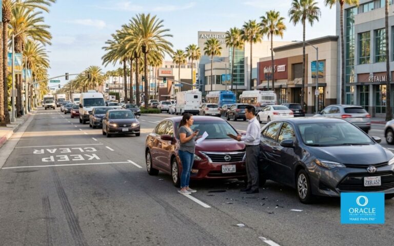 Dos coches dañados tras un accidente de tráfico en una concurrida calle de Anaheim, California.
