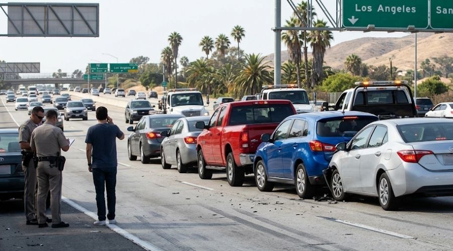 A realistic chain-reaction rear-end collision, hazard lights on, daylight. No graphic injuries, no faces clearly visible. Represents the multi-vehicle fault complexity. California freeway