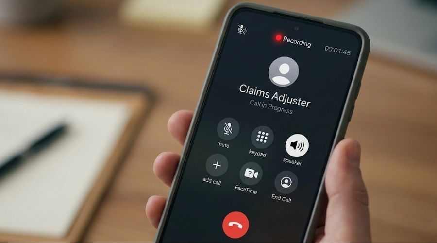 How to Talk to an Insurance Adjuster After an Accident 2 A close-up of a smartphone screen showing a recording
indicator active during a call — a red dot and timer
visible. No faces. Represents the recorded statement
request and the importance of politely declining it.