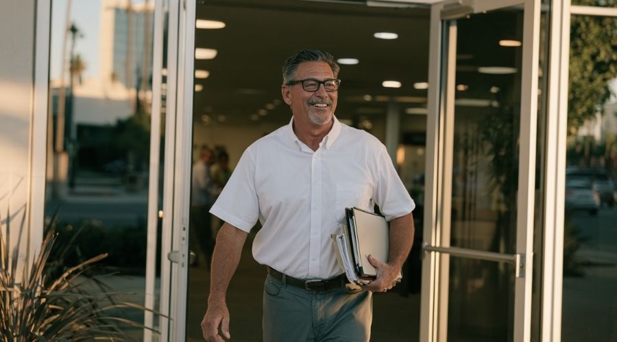 Photorealistic cinematic editorial photograph of an injured California worker leaving a professional law office after a consultation, carrying an organized case folder and appearing more confident and relieved than at the beginning of the process. Modern Southern California urban setting subtly visible outside the office, warm late-afternoon natural light, realistic everyday clothing, hopeful but understated emotion, documentary photography aesthetic, premium law-firm editorial style, natural colors, high realism, horizontal composition with negative space, no logos, no watermarks.