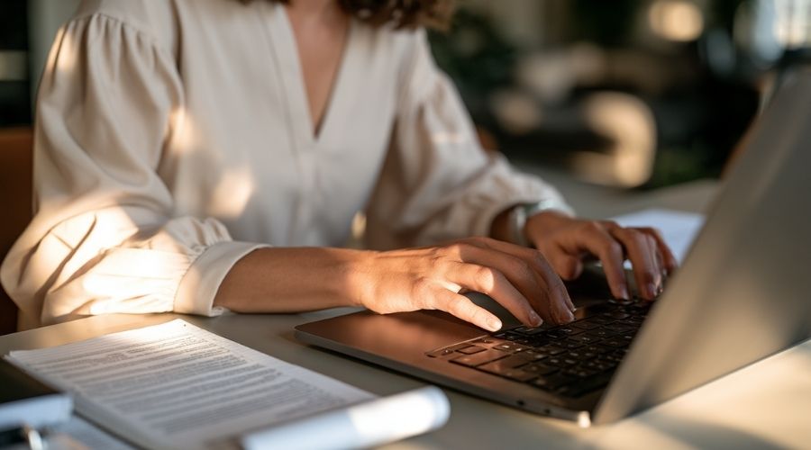 A person typing a formal letter on a laptop at a desk,
     only hands and keyboard visible, a legal notepad with
     notes beside them. Soft indoor lighting, no face visible.
     Represents drafting the formal written appeal to the
     insurer with supporting documentation.