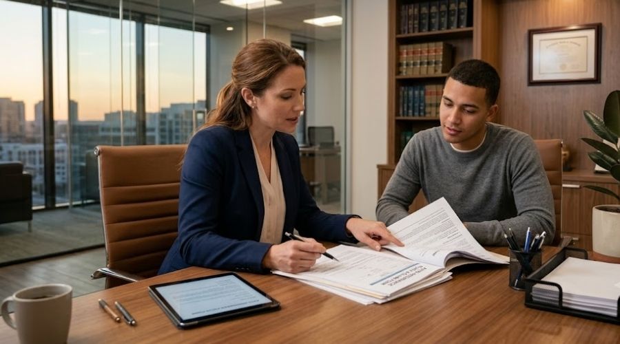 Uninsured and Underinsured Motorist Claims: What California Drivers Need to Know 2 A professional attorney meeting with a client in a modern law office reviewing auto insurance documents and claim paperwork. Warm lighting, professional atmosphere, realistic legal consultation, no branding or logos.