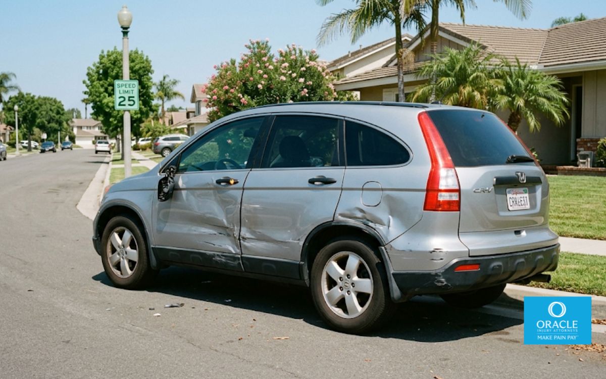 Un coche con daños visibles por colisión lateral o trasera, aparcado en una calle de un suburbio del condado de Orange, con las luces de emergencia encendidas y sin ningún otro vehículo presente, representa el momento posterior a un atropello con fuga, cuando el conductor que huyó ya se ha marchado. A plena luz del día, sin rostros ni lesiones graves.
