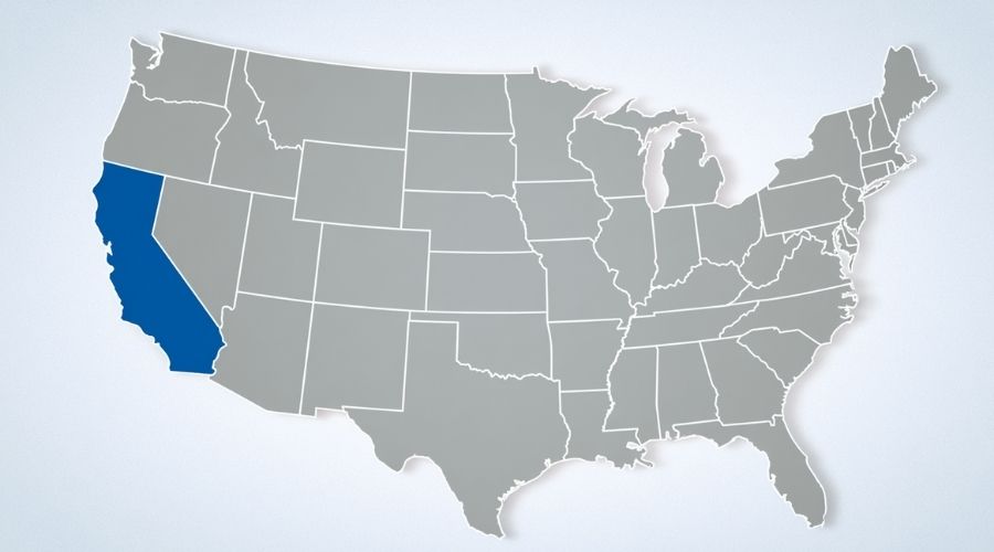 A stylized US map showing California highlighted in Oracle
     blue (#13a7e0), surrounding states in neutral gray,
     representing California's unique pure comparative negligence
     position among US states. No text overlay needed.