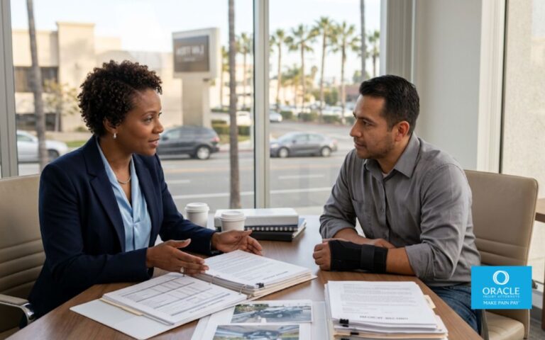 Personal injury attorney explaining the California settlement process to an injured client.