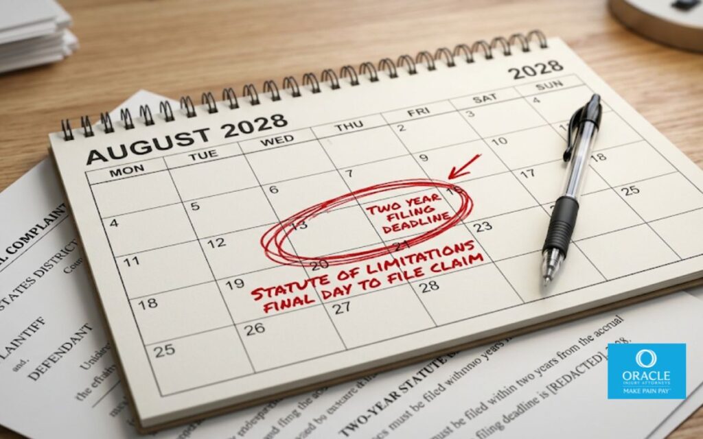A close-up of a desk calendar with a date circled in red two years from today, a pen resting beside it and a printed legal document partially visible underneath. Natural desk lighting, no faces. Represents the two-year filing deadline as the organizing concept of the post.