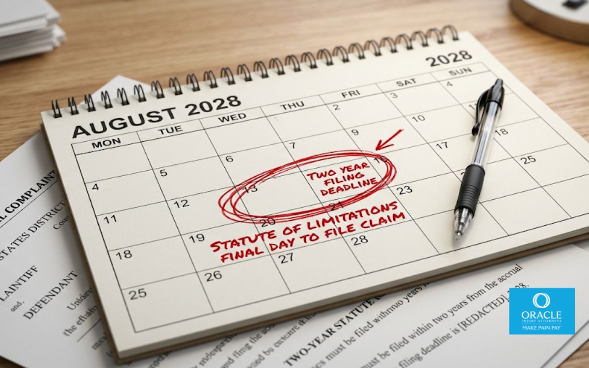 A close-up of a desk calendar with a date circled in red two years from today, a pen resting beside it and a printed legal document partially visible underneath. Natural desk lighting, no faces. Represents the two-year filing deadline as the organizing concept of the post.