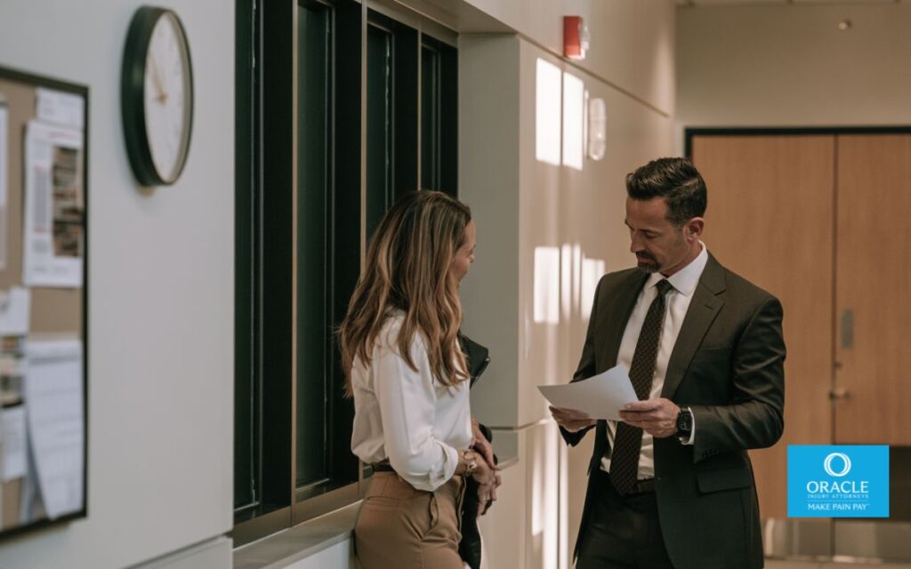 A realistic courtroom hallway with a professional attorney reviewing legal documents alongside a client. A wall clock and calendar subtly symbolize legal deadlines. Modern California courthouse, natural lighting, documentary photography style, no logos, highly realistic, professional legal blog aesthetic, 16:9 composition.