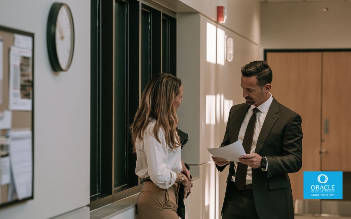 A realistic courtroom hallway with a professional attorney reviewing legal documents alongside a client. A wall clock and calendar subtly symbolize legal deadlines. Modern California courthouse, natural lighting, documentary photography style, no logos, highly realistic, professional legal blog aesthetic, 16:9 composition.