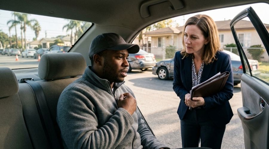 Photorealistic documentary photograph of an adult rideshare passenger seated inside the rear of a vehicle while speaking with a personal injury attorney outside the open car door after a traffic collision, attorney holding a folder and listening carefully, damaged vehicles visible in the background, Los Angeles neighborhood street, realistic concerned expressions, natural afternoon light, empathetic but professional atmosphere, no graphic injuries, no blood, no logos, no readable text, 16:9 landscape.