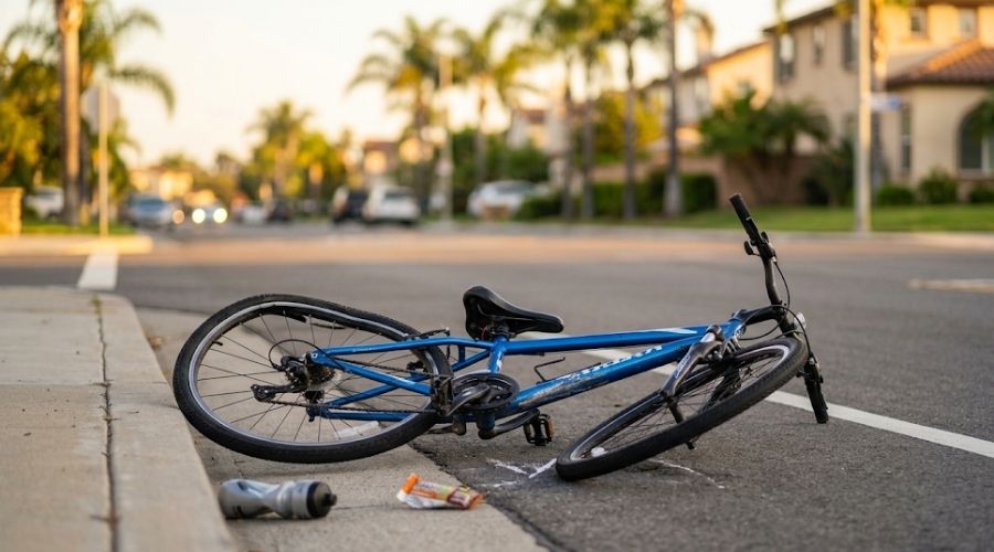 Hit-and-Run Accidents in Orange County: What Are Your Rights? 3 A bicycle lying on its side on an Orange County street with visible damage, daylight, no rider visible, no graphic injuries. Represents a cyclist hit-and-run scenario and the extension of UM coverage to non-vehicle victims.