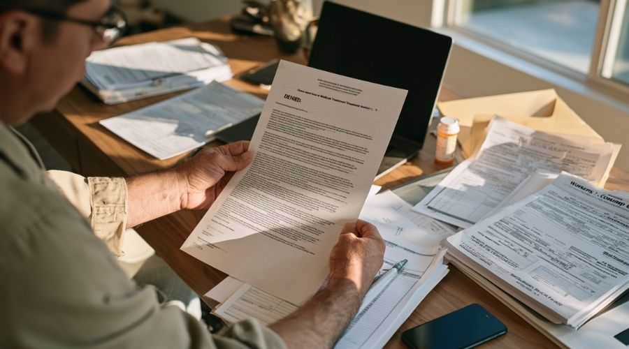 Injured worker reviewing a workers’ compensation treatment denial letter alongside medical records and paperwork at a home desk.