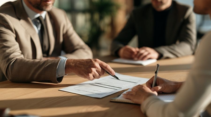 A calm attorney-client consultation: two people at a
     conference table, one reviewing a fault percentage
     breakdown document, the other taking notes on a legal
     pad. Warm office lighting, no faces clearly identifiable.