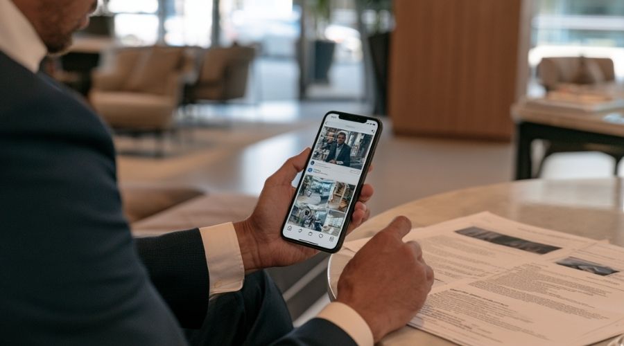 A smartphone displaying a social media profile while someone in business attire reviews the screen beside claim documents. Modern office, realistic photography, privacy and insurance investigation concept, no logos or text.