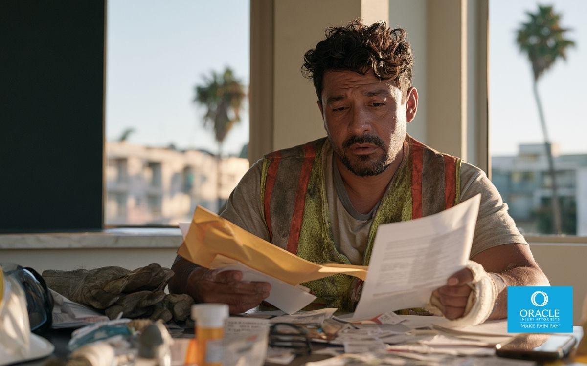 A Hispanic male construction worker in his late 30s, wearing a dusty high-visibility safety vest over a work shirt, sits alone at his modest Southern California apartment kitchen table immediately after opening a workers’ compensation denial letter. His injured wrist is visibly supported by a realistic medical brace. He holds the opened envelope and denial letter in one hand while looking down at it with a mixture of disbelief, frustration, and concern. His work gloves, hard hat, safety glasses, prescription medication bottle, medical paperwork, unpaid bills, and a smartphone are scattered naturally across the table, suggesting the financial and physical stress caused by the denial.