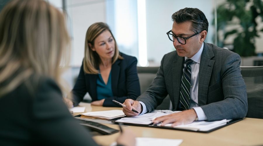 Attorneys reviewing settlement documents during a personal injury claim negotiation.