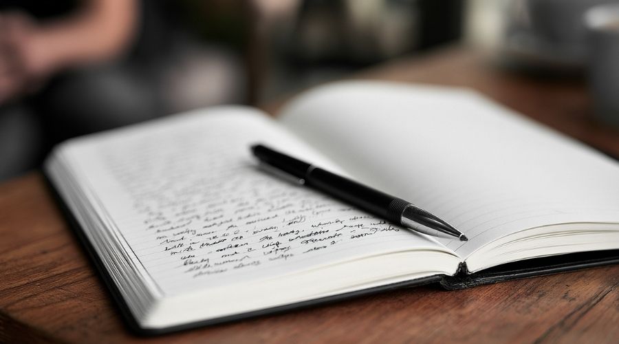 A close-up of an open personal journal with handwritten
     daily entries, a pen resting across the page. Soft indoor
     lighting, no faces. Represents the pain and suffering
     journal that supports the non-economic damage multiplier.