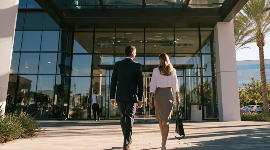 Do I Really Need a Personal Injury Lawyer in Orange County? 1 A wide shot of two people walking into a modern law office building entrance in Orange County, seen from behind, daylight, professional attire. No faces visible. Represents the approachable, no-pressure nature of a free consultation — the first step toward an informed decision about representation.