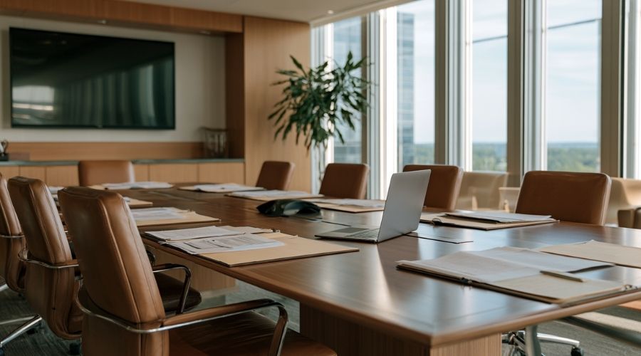 A wide shot of a professional law office conference room —
     a long table with documents spread across it, legal pads,
     and a laptop open, daylight through tall windows. No people
     visible. Represents the organized, structured nature of the
     settlement process from a bird's-eye view.